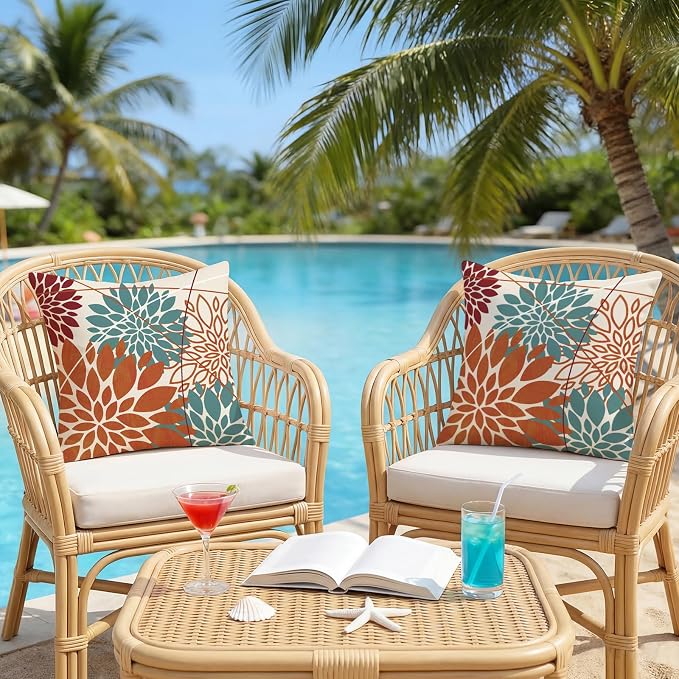 OTOSTAR Outdoor Orange Cyan Pillow Covers 16x16 Inch Set of 2 Red Flower Throw Pillows Farmhouse Geometric Dahlia Floral Square Cushion Case Waterproof Decor for Sofa Patio Funiture Garden