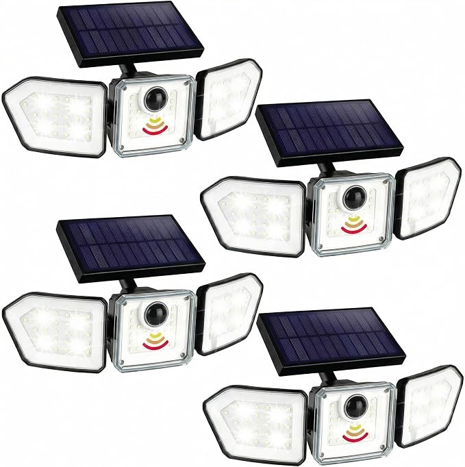 Bionic Flood Light 4 Pk Solar Lights Outdoor Waterproof, Ultra Bright 89 LEDs, 3 Heads Wide Angle Motion Sensor Outdoor Lights for Security, Wall, House, Spot Light, IP65 Waterproof – Stakes Included