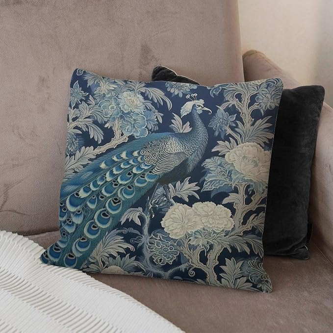 Blue Peacock Chinoiserie Cushion Cases Blue Grey Asian Flower Throw Pillow Cover Rustic Decorative Cushion Cases Home Decor for Sofa Patio Couch 26x26 in