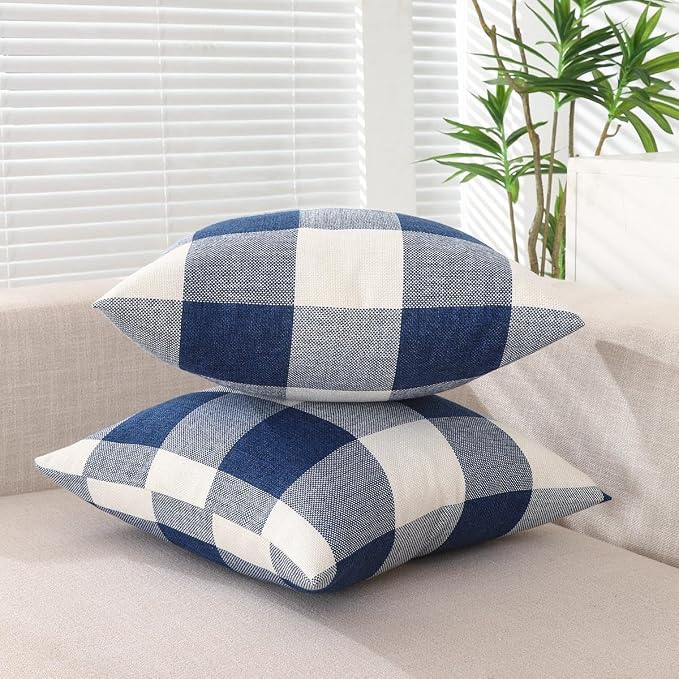CARRIE HOME Navy Blue and White 20x20 Outdoor Throw Pillow Covers Set of 2 Buffalo Plaid Farmhouse Pillow Covers 20 x 20 Inches, Boho Plaid Decor for Outdoor Patio and Yard