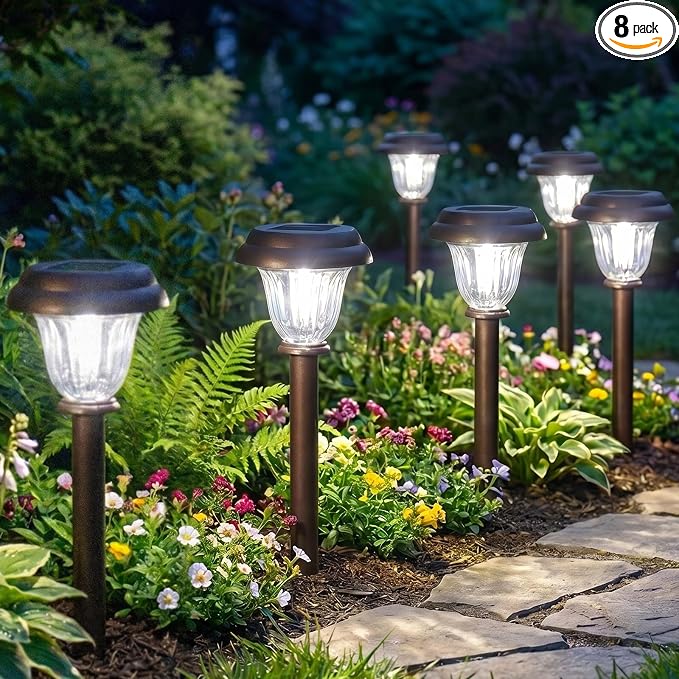DERAYSION 8 Pack Solar Lights Outdoor Pathway, Stainless Steel Glass Solar Garden Lights, Auto On/Off Long-Lasting Waterproof Outdoor Solar Lights for Yard, Landscape, Path, Driveway, Walkway Décor