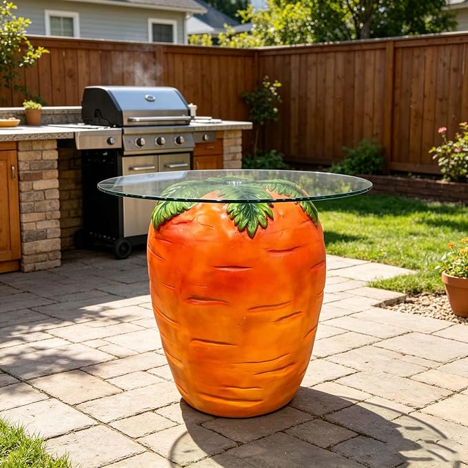 16" Carrot-Shaped Resin Side Table w/ Glass Top,Novelty Fruit Stool,Orange | Round End Table for Living Room Bedroom Patio, Weather-Resistant & Easy Clean, Fun Home Decor Accent
