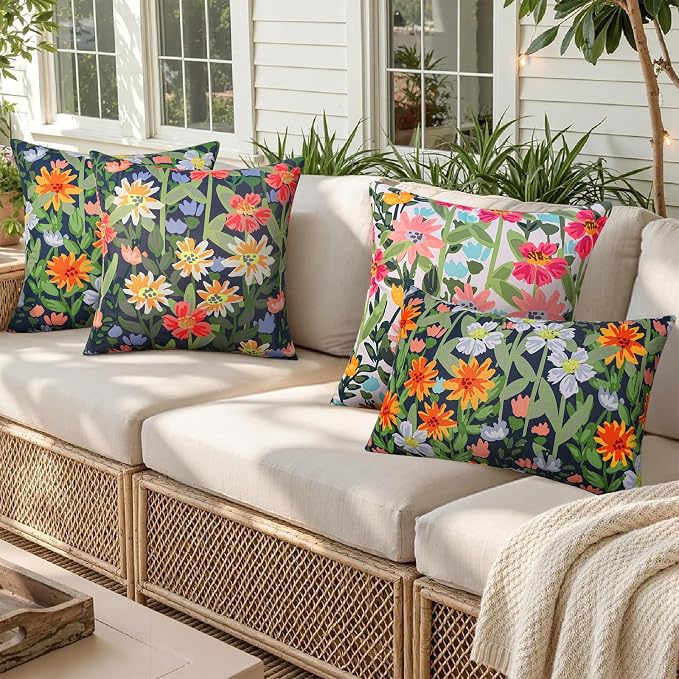 Pyonic Spring Summer Floral Outdoor Pillow Covers 16x16 inch Waterproof Throw Pillow Covers Outdoor Pillows for Patio Furniture Garden Bench Porch,Navy Blue