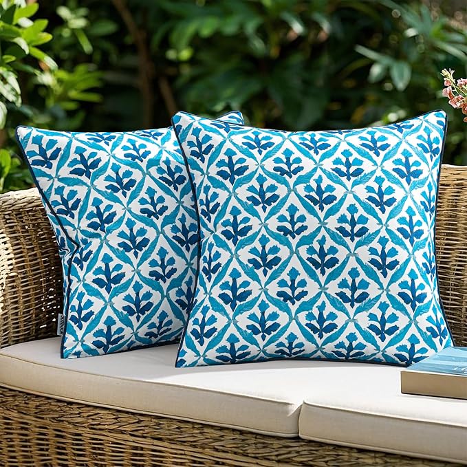 MIULEE Outdoor Floral Pillow Covers Waterproof 18x18 Navy Blue | Decorative Block Print,Boho Farmhouse, Set of 2 Coastal Summer Cushion Covers with Piping,Garden Patio Furniture Porch Couch