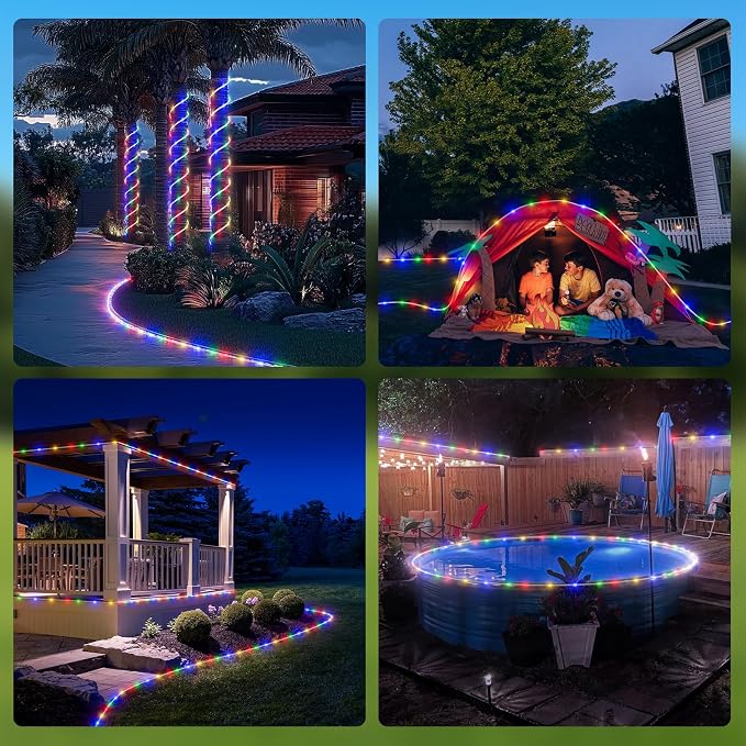 ICRGB Solar Rope Lights Outdoor, 132FT 400 LED (Multi-Colored- 2Pack) | Type C & Solar, With Remote, IP67 Waterproof, 8 Modes, for Trampoline Camping Tent Patio Porch Garden Christmas