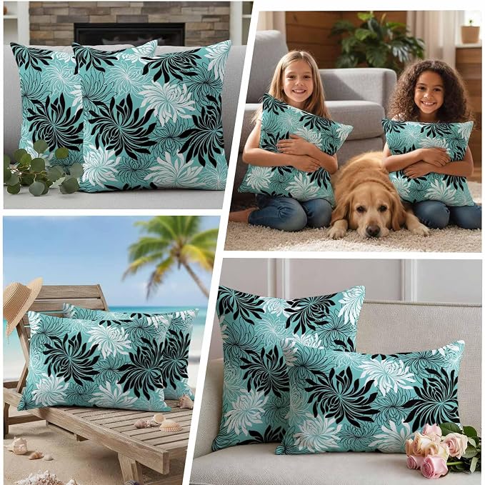 Yukro Teal Black Floral Outdoor Waterproof Pillow Covers Pack of 2, Vintage Teal White Black Flower Decorative Throw Pillowcases Cushion Covers for Garden Patio Tent Sofa Couch, 16x16 inch