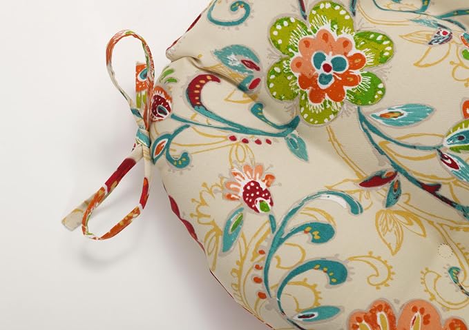 Pillow Perfect Bright Floral Indoor/Outdoor Tufted Wicker Seat Cushion With Ties, 2 Count, 15.5" x 16", Tan Fanfare