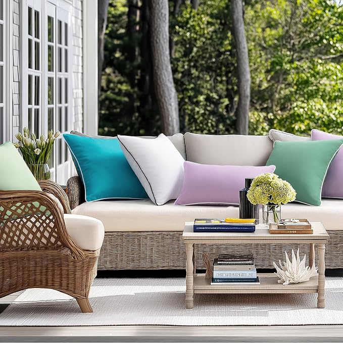 Phantoscope Pack of 2 Outdoor Waterproof Throw Pillow Covers with Contrast Piping, Decorative Square Cushion Case Patio Pillows for Couch Tent , Pure White 20x20 inches