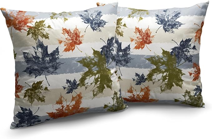 Thanksgiving Autunm Pillow Cover Fall Leaves Throw Pillow Covers 24x24 Maple Leaf Decor Pillow Case Blue Beige White Stripes Pillowcase for Living Room Couch Outdoor Set of 2