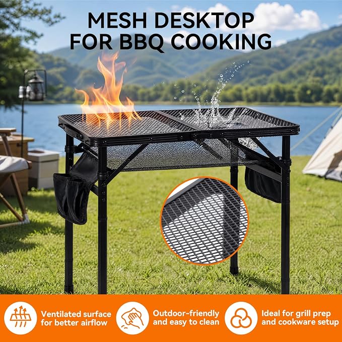 2Ft Foldable Grill Table for Camping, Portable Metal Mesh BBQTable with Dual Side Storage Bags, Lightweight Folding Outdoor Cooking Table for Picnic, RV Travel, Beach & Backyard BBQ