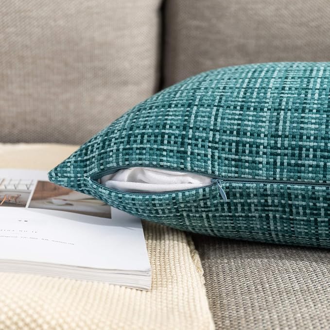 Kevin Textile Outdoor Waterproof 12"x20" Lumbar Pillow Covers 2 Pack, Teal | Water Resistant, Faux Linen Yarn-dyed, Woven Texture Throw Pillow Covers for Tent Patio Garden Couch Sofa
