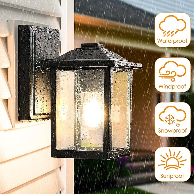 MATAMEYE Outdoor Wall Light Fixture, Exterior Waterproof Porch Lighting | Black Patio Wall Lantern, Anti-Rust, Clear Glass, E26 Socket, Wall Mount Sconce Lighting, Outside Front Door Light Entryway