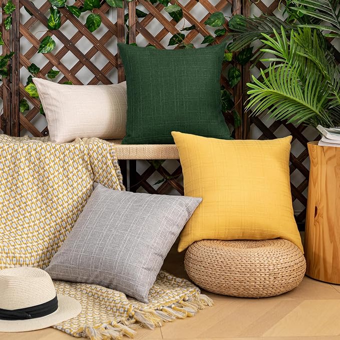 Kevin Textile Outdoor Waterproof 16”x16” Pillow Covers 2 Pack, Army Green | Water Resistant, Soft Faux Linen-cotton Yarn-dyed Woven Texture Throw Pillow Covers for Tent Patio Garden Couch Sofa