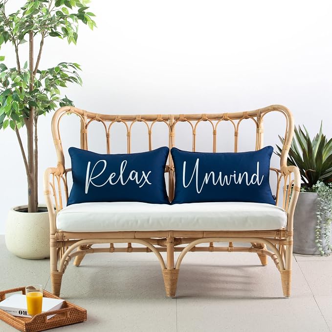 Hofdeco Porch Patio Indoor Outdoor Lumbar Pillow Cover ONLY for Backyard, Couch, Sofa, Navy Blue Relax Unwind, 12x20, Set 03-0411-D 0