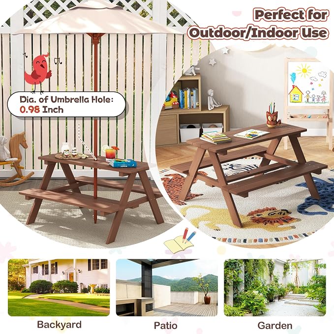 HONEY JOY Kids Picnic Table, Toddler Outdoor Table & Bench Set, Wooden Children Patio Furniture with Folding Umbrella, Kids Picnic Tables for Outdoors, Gift for Boys Girls