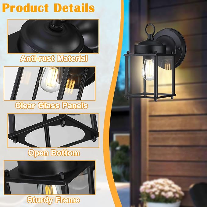 Outdoor Wall Light, Porch Lamp, Rustproof Waterproof, Black | Exterior Wall Sconce Fixture for House, Garage, Patio, Metal Housing with Glass, E26 Base, 4 Pack