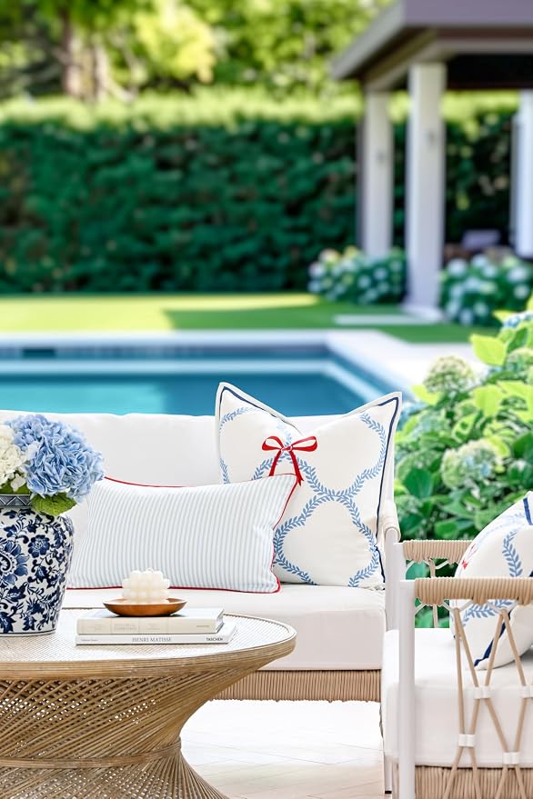Hofdeco Premium Coastal Hampton Patio Indoor Outdoor Throw Pillow Cover Only, 20"x20" Water Repellent for Backyard, Couch, Poolside, Azure Blue Red Embroidered Ribbon Bow Tie on Leaves