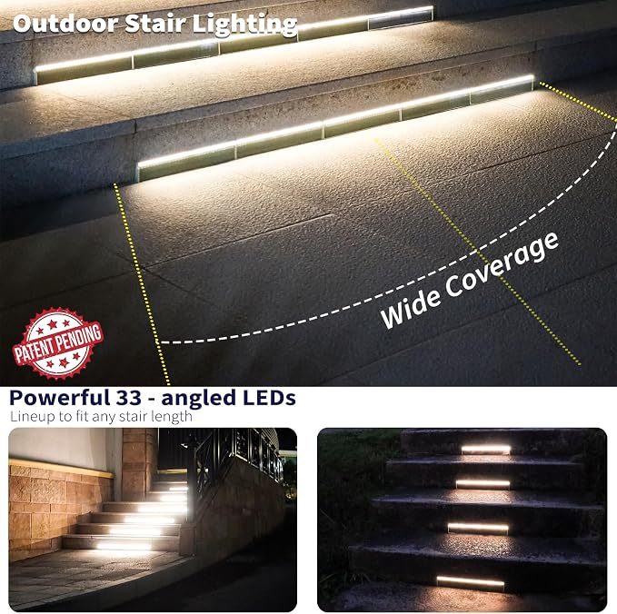 SHONELIGHTING Solar Step Lights Outside, 33 Focused LEDs, Stair Light, 2PK | Downward Lighting, High Brightness, Modular, Waterproof Aluminum, Risers, Deck, Curbsides, Planter Edges, Warm White, 3000K
