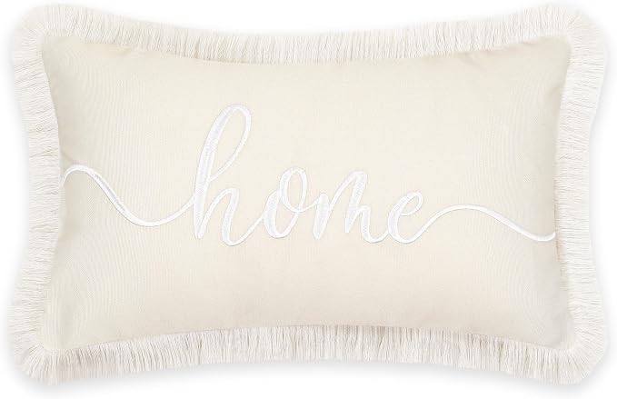 Hofdeco Premium Fall Coastal Patio Indoor Outdoor Lumbar Pillow Cover Only, 12"x20" Water Repellent for Backyard, Couch, Neutral Tan Embroidered Home Fringe