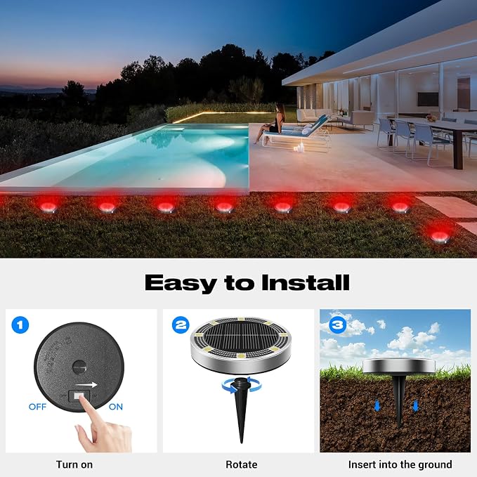 Mini Solar Ground Lights Outdoor, 8 Pack Flat Solar Powered Disc Lights, IP68 Waterproof, Anti-Rust, Landscape Lighting for Pathway Garden Yard Lawn Walkway Landscape Driveway, Red