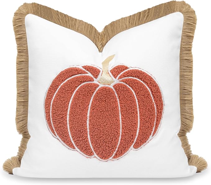 Hofdeco Premium Fall Coastal Patio Indoor Outdoor Pillow Cover Only, 20"x20" Water Repellent for Backyard, Couch, Rust Orange Embroidered Pumpkin with Fringed Trim