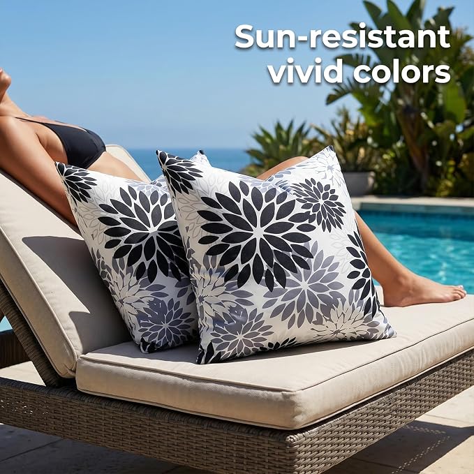 Black and Gray Dahlia Throw Pillow Covers Set of 2 Outdoor Waterproof Pillow Case 20x20 Inches Decorative Cushion Covers Spring Summer for Tent Patio Garden Living Room Sofa Bedroom