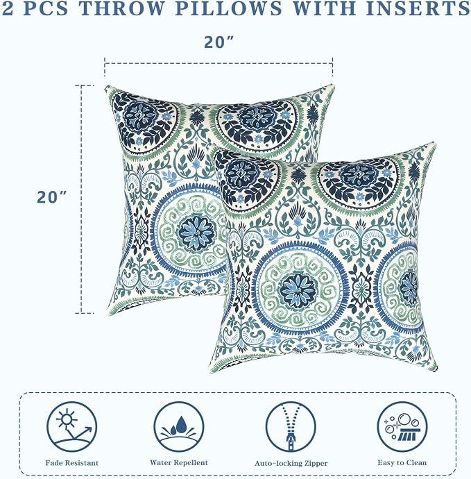 LVTXIII Outdoor Pillows 20x20 Inch, 2 Pack Large Decorative Square Throw Pillows with Inserts for Couch, Bed, Floor Seating, Patio Furniture, Coastal Medallion