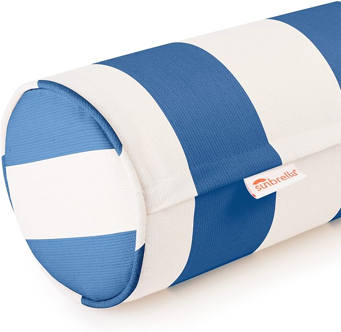 Sunbrella Cabana Stripe White/Blue Zippered Neck Roll Bolster (Set of 2)