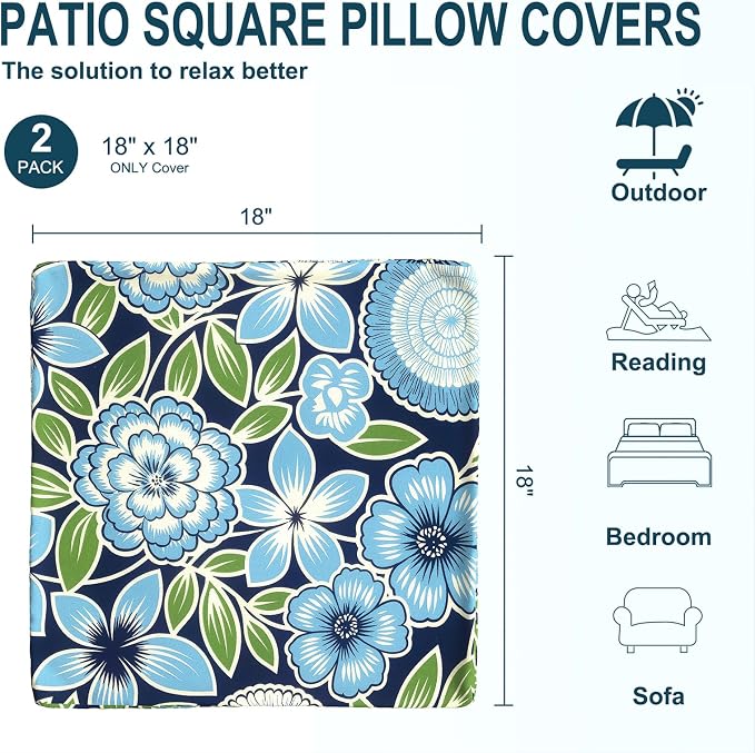 DYTXIII Pack of 2 Outdoor Waterproof Pillow Covers ONLY, 18"x18" Square Decorative Double Printed Throw Pillow Cases for Patio Couch Porch Furniture, Azure Symphony‌