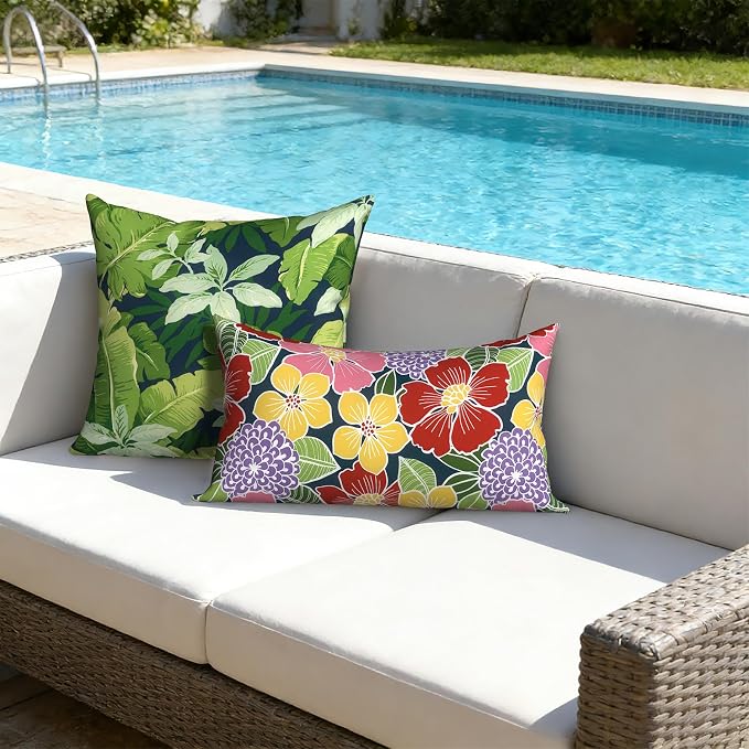 Outdoor Lumbar Pillows with Insert 12x20 Inch, Waterproof Throw Pillow for Patio Furniture, Decorative Lumbar Cushions for Garden Home Sofa Office Chair, Set of 2, Flower Bloom