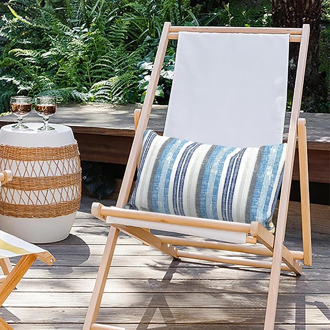 Outdoor Lumbar Pillow Covers 12”x20”, Rectangle Throw Pillow Covers for Patio Furniture, Decorative Lumbar Cushion Case for Garden Balcony Couch Office Chair, Pack of 2, Stripe Layered Blue