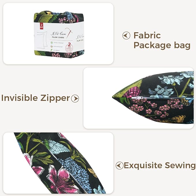 Throw Pillow Covers Set of 2, Outdoor Indoor Waterproof Patio Throw Pillowcase Shell 18x18 Inch, Square Cushion Case for Couch Sofa Garden Farmhouse-Black Butterfly Flower