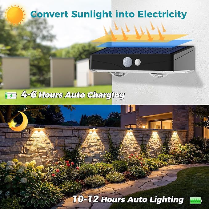 kolpop Solar Fence Lights Outdoor with Motion Sensor,Fence Lights Solar Powered,IP65 Waterproof,3 Modes LED Solar Lights for Patio,Backyard,Railing,Wall,Nighttime,Party,Pool,6 Pack,Warm White