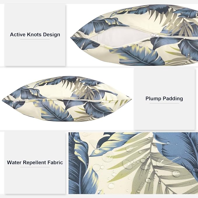 Outdoor Throw Pillows 16x16 Inch, Water Repellent Patio Pillows with Inners Set of 2 for Patio Furniture Home Graden, ‌Lush Palm Blue