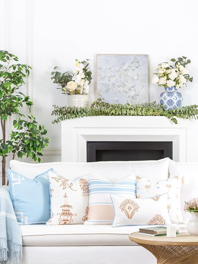 Hofdeco Premium Coastal Patio Indoor Outdoor Lumbar Pillow Cover Only, 12"x20" Water Repellent for Backyard, Couch, Baby Blue Tan Floral with Piping