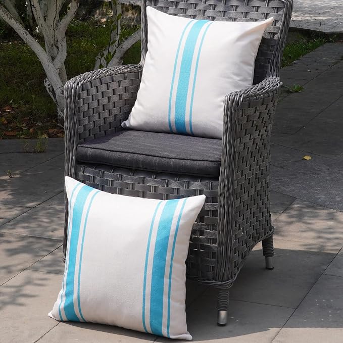ONWAY Outdoor Pillow Covers Waterproof 18x18 Set of 2 Decorative Linen Throw Pillow Cover Beige and Blue Striped Outdoor Pillows for Patio Furniture