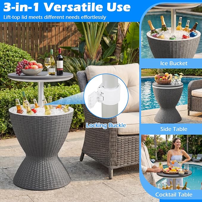Tangkula Outdoor Cooler Table, Multi-Functional Cooler Bar Table, Adjustable Height Ice Cooler Side Table w/Drain Plug, 8 Gallon Beer & Wine Cooler, Rattan Style Patio Furniture for Pool Parties
