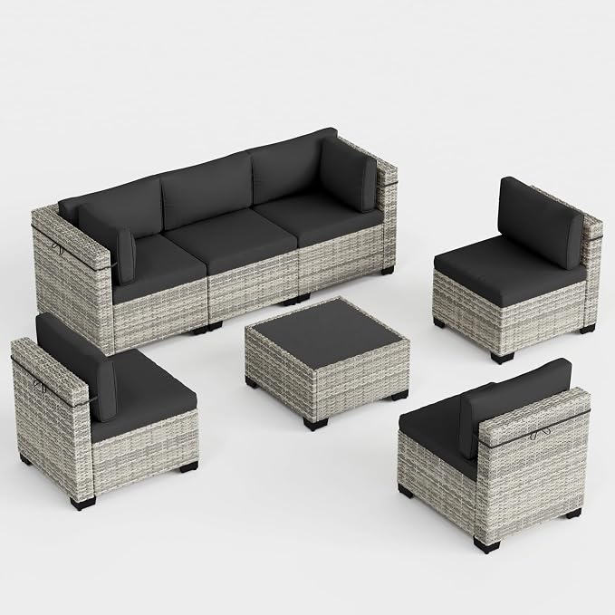 7-Piece Outdoor Patio Furniture Set, PE Wicker Rattan Sectional Sofa Conversation Set with Tempered Glass Table & Thick Cushions - All-Weather Garden, Backyard Furniture, Dark Grey