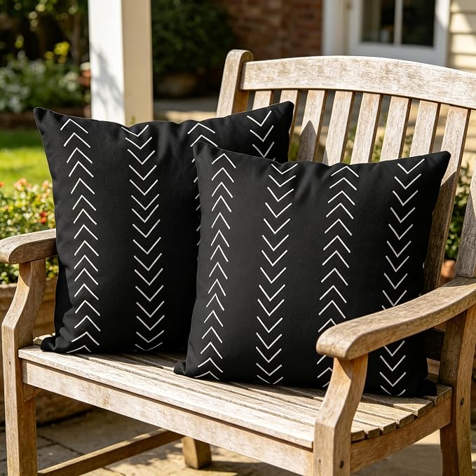 Outdoor Pillows Waterproof,18x18 inch Black and White Throw Pillows Boho Set of 2 for Patio Furniture,Sunbrella Outdoor Pillow Covers for Couch