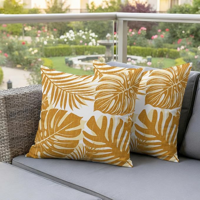 Vintage Yellow Palm Leaves Outdoor Pillow Covers 20"x20" Set of 2, Tropical Botanical Minimalist Modern Waterproof Throw Pillow Covers for Patio Furniture, Decorative Cushion Covers for Porch