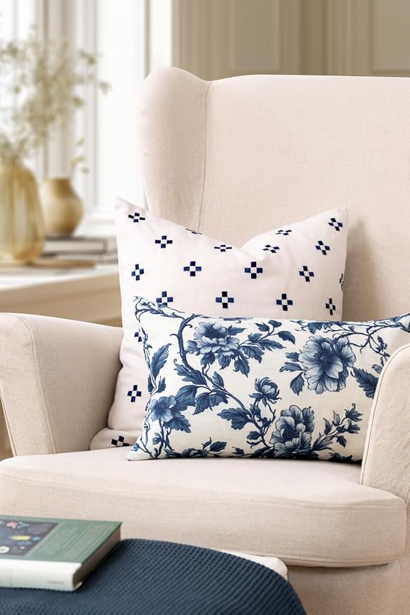 California Casual Coastal Indoor Outdoor Lumbar Pillow Cover, 12"x20" Water Repellent for Patio, Backyard, Couch, Poolside, Dark Navy Print Vintage Chinoiserie Floral