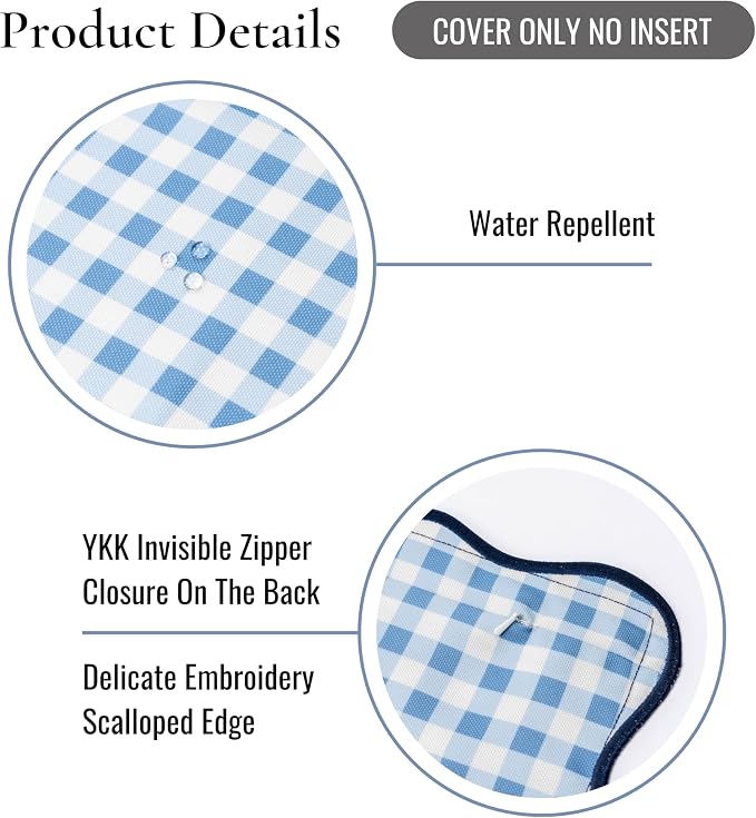 Hofdeco Premium Coastal Hampton Scalloped Patio Indoor Outdoor Throw Pillow Cover Only, 20"x20" Water Repellent for Backyard, Couch, Poolside, Azure Blue Navy Print Gingham