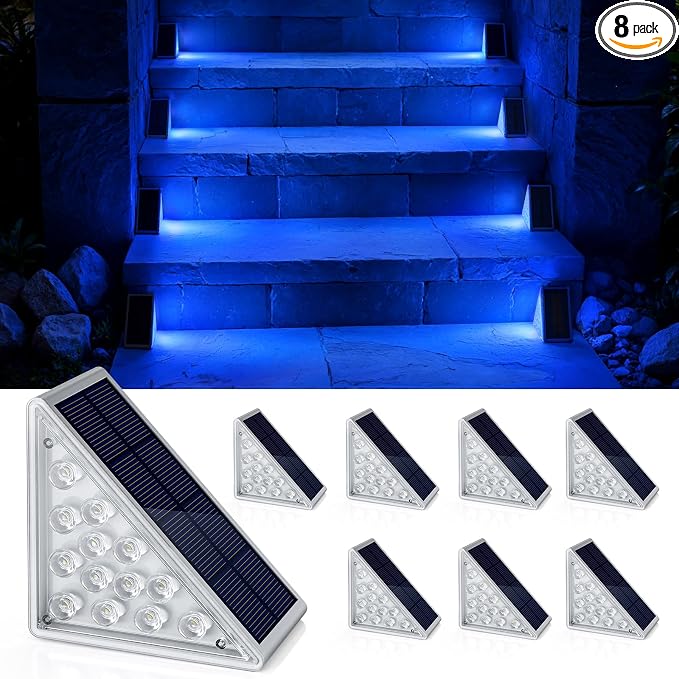Solar Step Lights,8 Pack Blue LED Outdoor Step Lights, Stair Lights Outdoor for Patio, Fence, Yard, Walkway, Solar Powered Auto On/Off, IP67 Waterproof, Easy Install