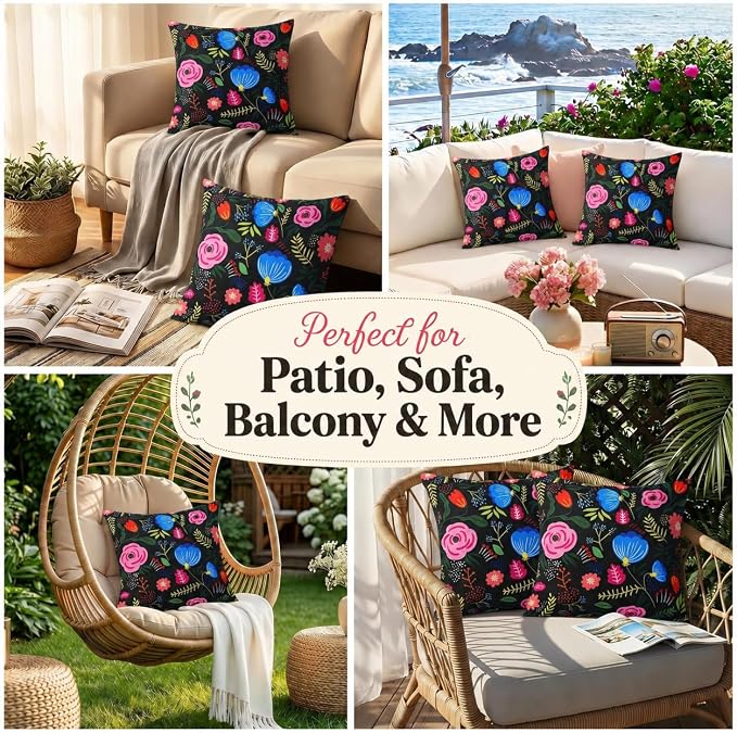 Pyonic Waterproof Outdoor Pillow Covers 18x18 Set of 2, Colorful Floral Decorative Cushion Covers for Patio Furniture, Garden, Balcony,Sunbrella， Boho Nordic Outdoor Indoor Home Decor,Black