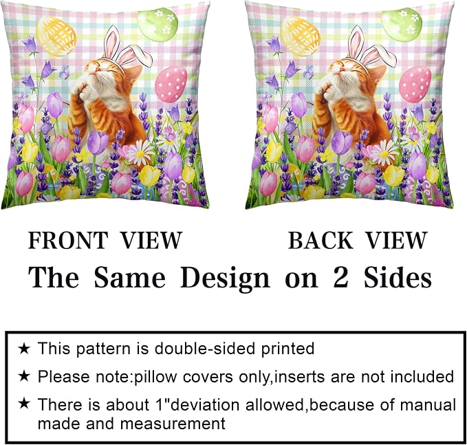 Spring Easter Pillow Covers 20x20 Set of 2 Lovely Cow Cat and Ginger Cat Wearing Bunny Ears Throw Pillow Covers Tulip Floral Pillow Case for Easter Decoration Sofa Patio Garden