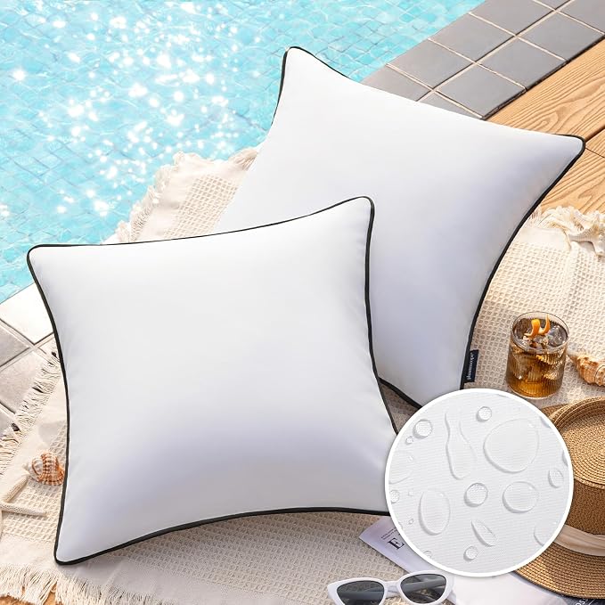 Phantoscope Pack of 2 Outdoor Waterproof Throw Pillow Covers with Contrast Piping, Decorative Square Cushion Case Patio Pillows for Couch Tent, Pure White 18x18 inches