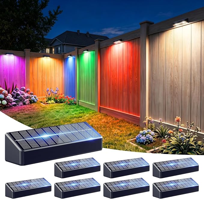 JOFIOS Fence Lights Solar Powered, 9 Fixed Colors ＆ Color Changing Solar Wall Lights Outdoor Waterproof IP65 Dusk-to-Dawn LED Deck Lighting for Patio, Railing, Pool, Porch, Backyard, Wall, 8 Pack