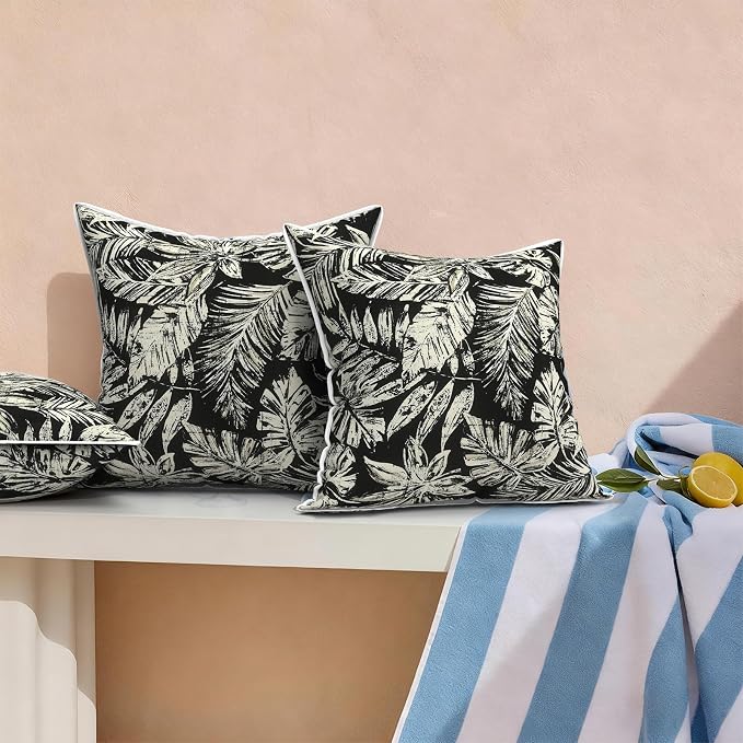 Outdoor Throw Pillows Inners, Fade Resistant Patio Furniture Square Pillows with Piping Set of 2 for Patio Furniture, 18x18 Inch, Tropical Leaf Black