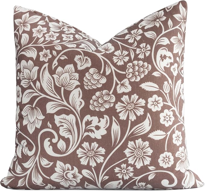 Modern Farmhouse Fall Linen Indoor Outdoor Throw Pillow Cover Only, 22"x22" Water Repellent for Patio, Backyard, Couch, Cocoa Brown Neutral Floral