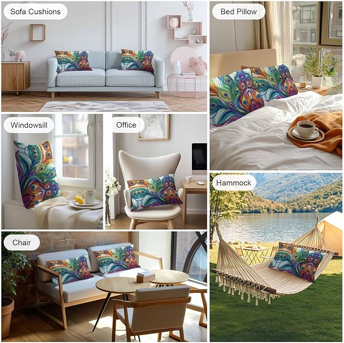 Colorful Peacock Feathers Outdoor Pillow Covers 20x12 Inch Lumbar Pillow Covers Set of 2 Waterproof Decorative Throw Pillow Cases Oil Painting Abstract Art Cushion Covers for Patio Furniture Garden